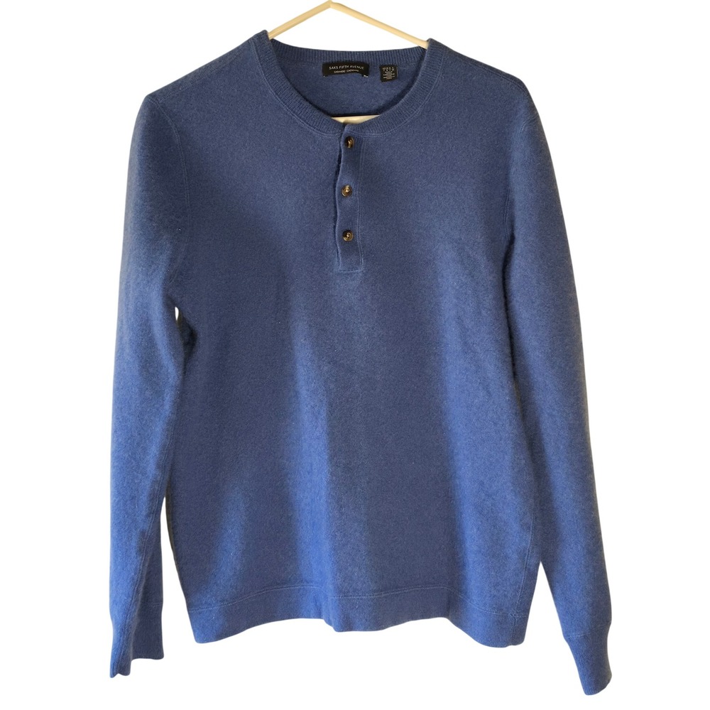 Saks Fifth Avenue Women Blue 100% Cashmere Henley Sweater Large Long Sleeve